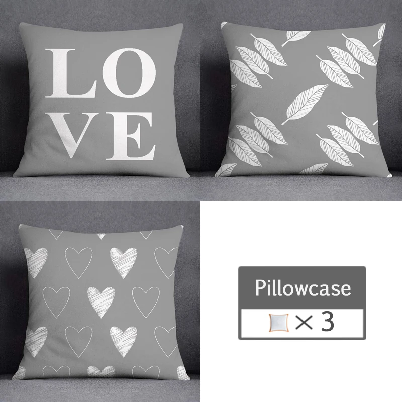3pcs/lot 45X45CM Gray Lumbar Pillow Case Polyester Geometry Leaf Floral Stripes Plaids Print Sofa Throw Cushion Cover Home Decor 