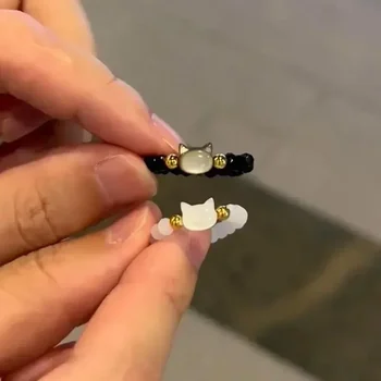 Couple Creative Gifts Shell Little Black Cat Ring Elastic Rope Cute Personalized Beaded Simple and Versatile Ring Accessories
