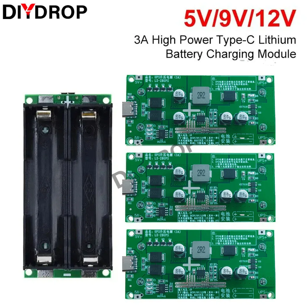 Type-C 15W 3A Fast Charge UPS Power Supply / 18650 Lithium Battery Charger Test Module DC-DC Step Up Booster Converter 5V 9V 12V 3