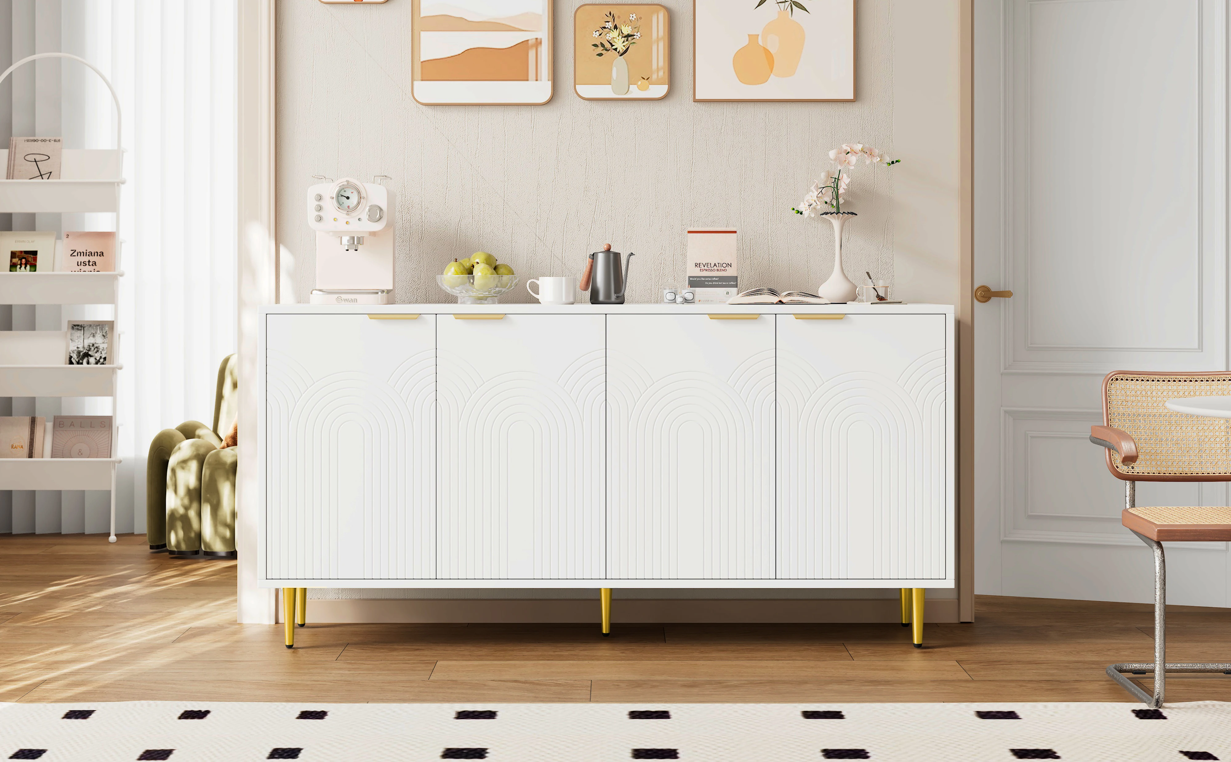 PINGGO Sideboard Wohnzimmer-Kommode mit 4 Türen, goldfarbenen gebürsteten Griffen und Hochglanz-Tischbeinen, Kommodenschrank, Weiß – Detail 1