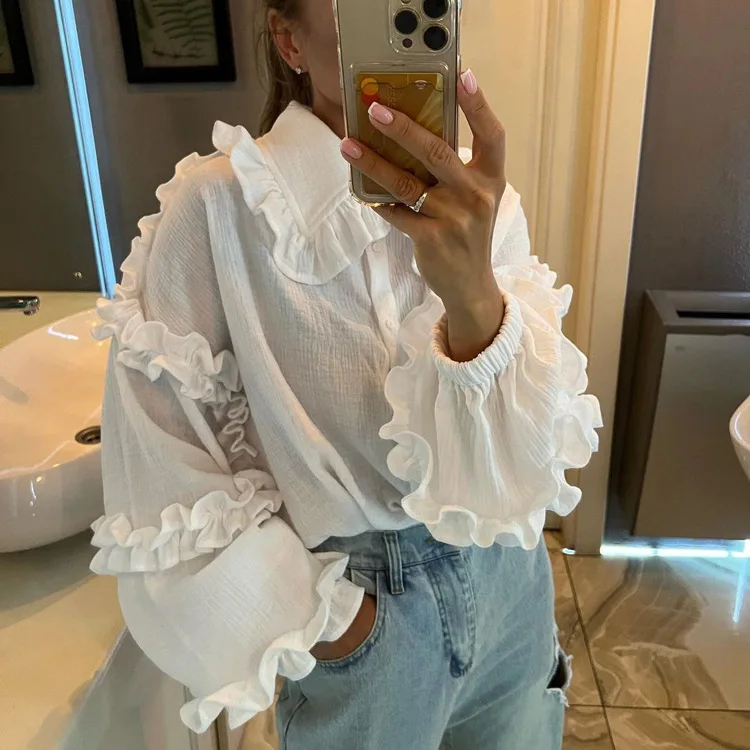 White Ruffled Casual Shirts For Women Fashion Patchwork Cardigan Lapel Long Sleeve Outwear Slim Ladies Shirts 2025 New