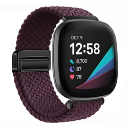 Nylon Braided Loop Strap with Adjustable Magnetic Clasp - Premium Wristband Accessories - Fitbit Versa 4 (Wine red)