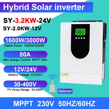 อินเวอร์เตอร์พลังงานแสงอาทิตย์ไฮบริด1600W 3000W 12V 24V 220V อินเวอร์เตอร์เพียวไซน์เวฟ3.2KW 2KW พร้อมตัวควบคุมที่ชาร์จแสงอาทิตย์ MPPT 80A 1