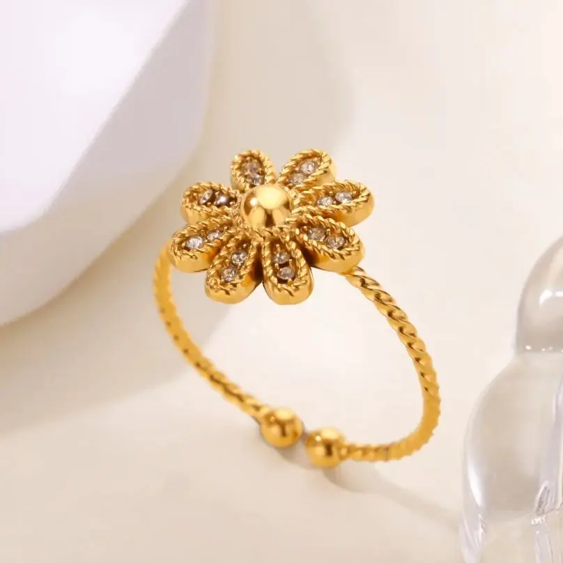 Zircon Flower Rings For Women Gold Stainless Steel