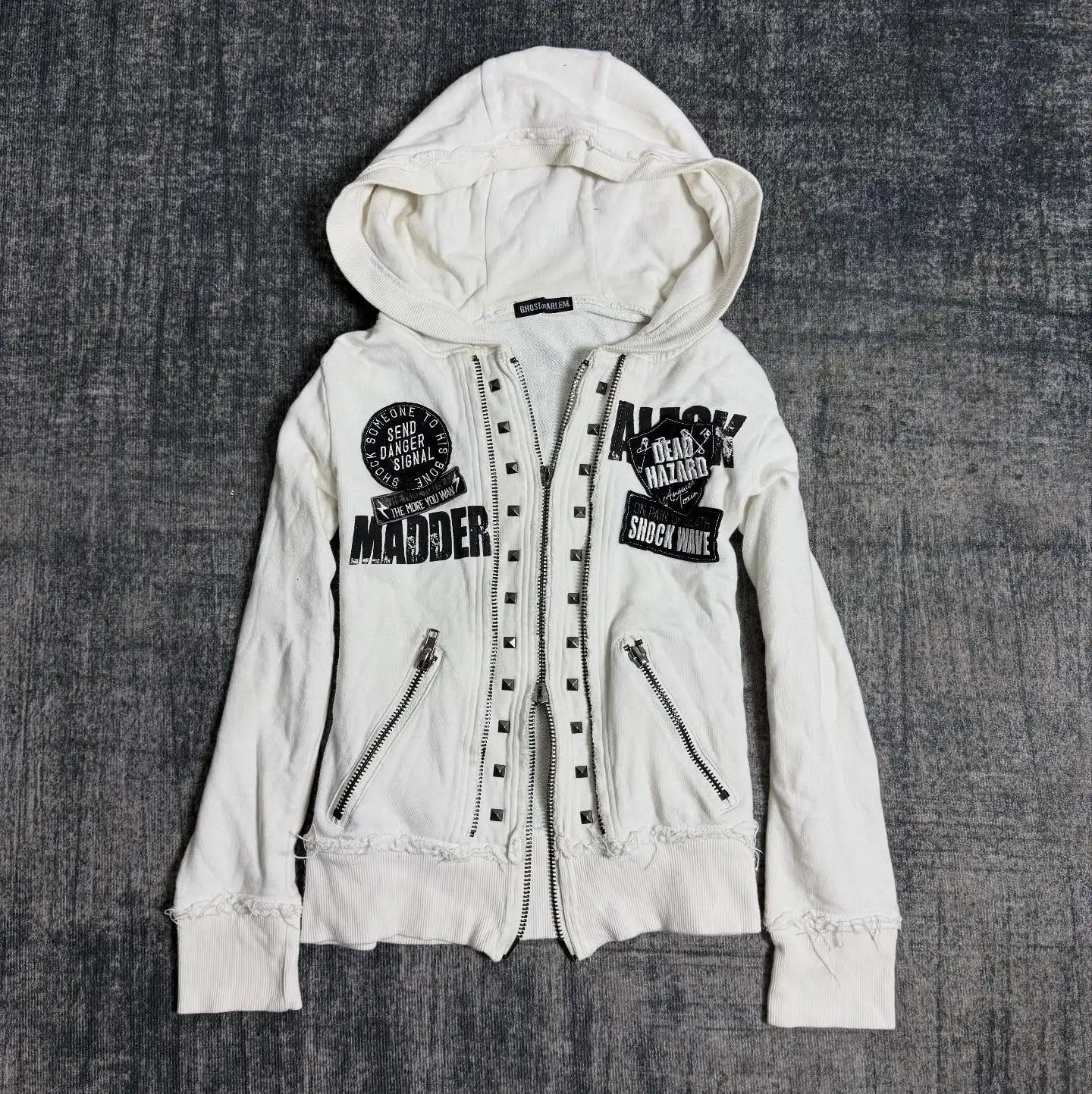 Y2K Gothic Emo Slim Fit Sweatshirt Rivet Zipper Hoodie Harajuku Vintage Skull Graphic Print White Womens Autumn Winter Jacket 2