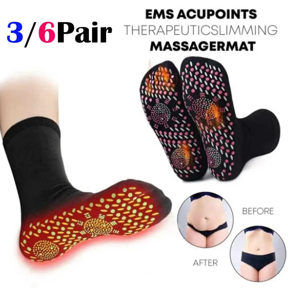 3/6Pairs Mid-tube Thermal Socks Men Women Massage Anti-fatigue Tourmaline Socks Winter Tourmaline Self Heated Warm Crew Socks 1 pair middle tube twist warm women socks flower pattern ethnic print crew socks for autumn winter