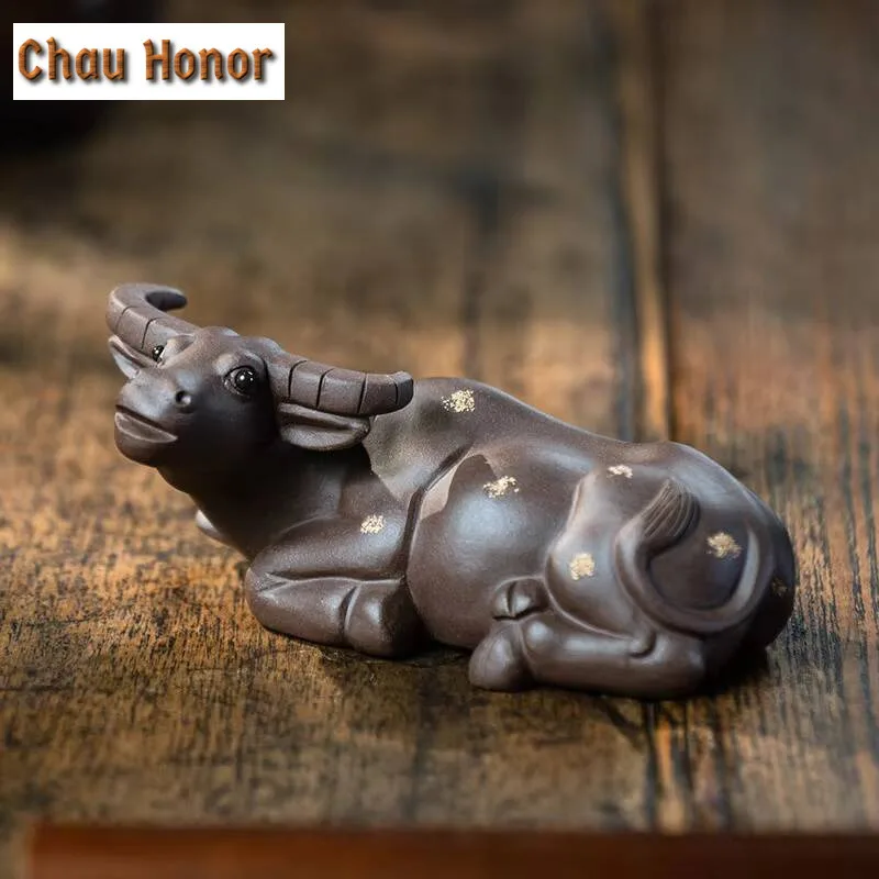 Yixing Purple Clay Tea pet Lucky Buffalo Statue Tea Figurine Ornaments Handmade Sculpture Crafts Home Tea Set Decoration Art