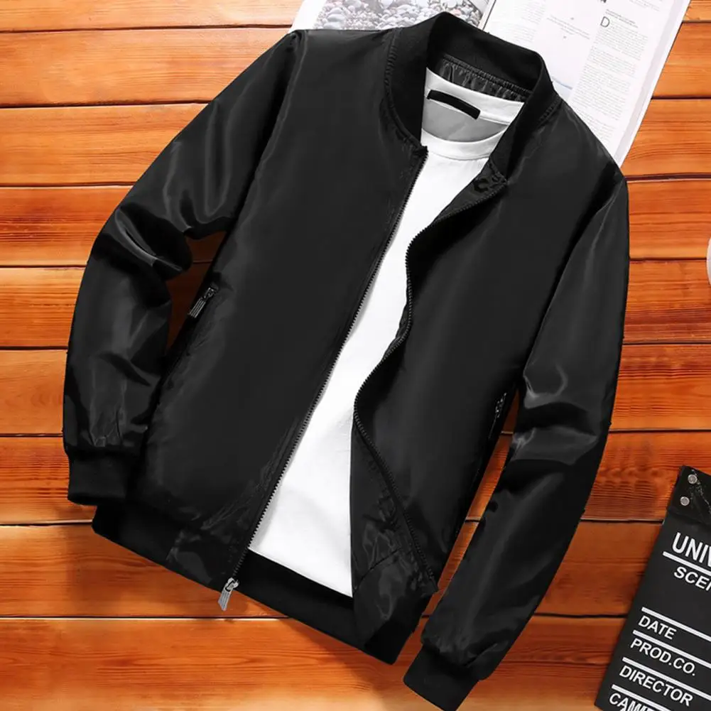 

Solid Color Jacket Stylish Men's Stand Collar Baseball Coat Elastic Cuff Smooth Zipper Mid Length for Fall Winter Men Coat