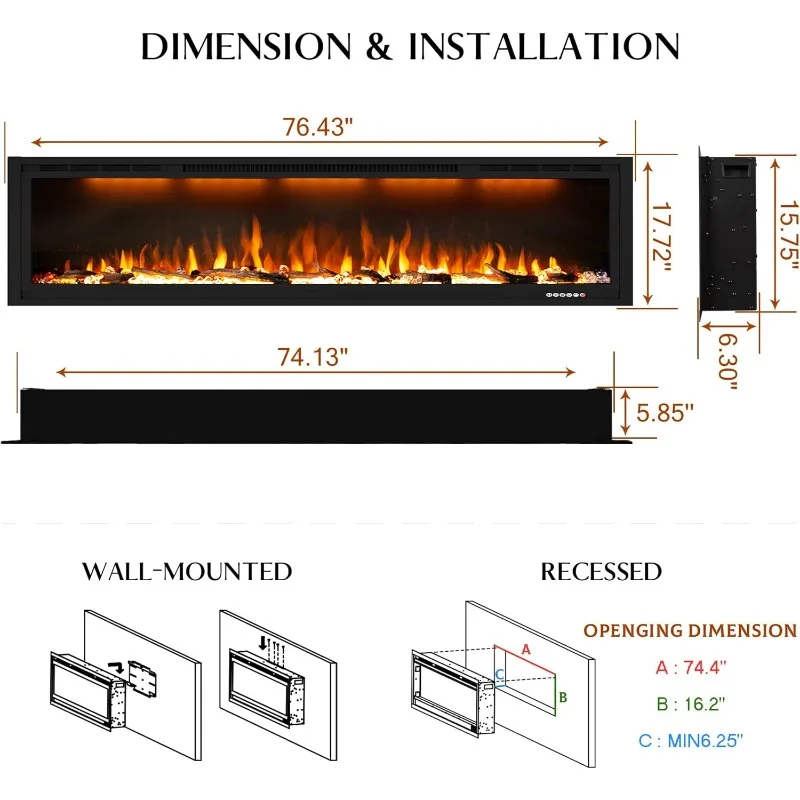 Electric Fireplace 74 inch,Recessed Wall Mounted Fireplace Heater,Logs Crystal,Multicolor Flame Combinations,Overheating Protect