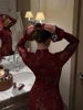 Sexy Lace Hollow Out Slim Evening Dresses Women Vintage Solid Flared Sleeve Button Collar Long Dress Female Chic Party Vestidos 4