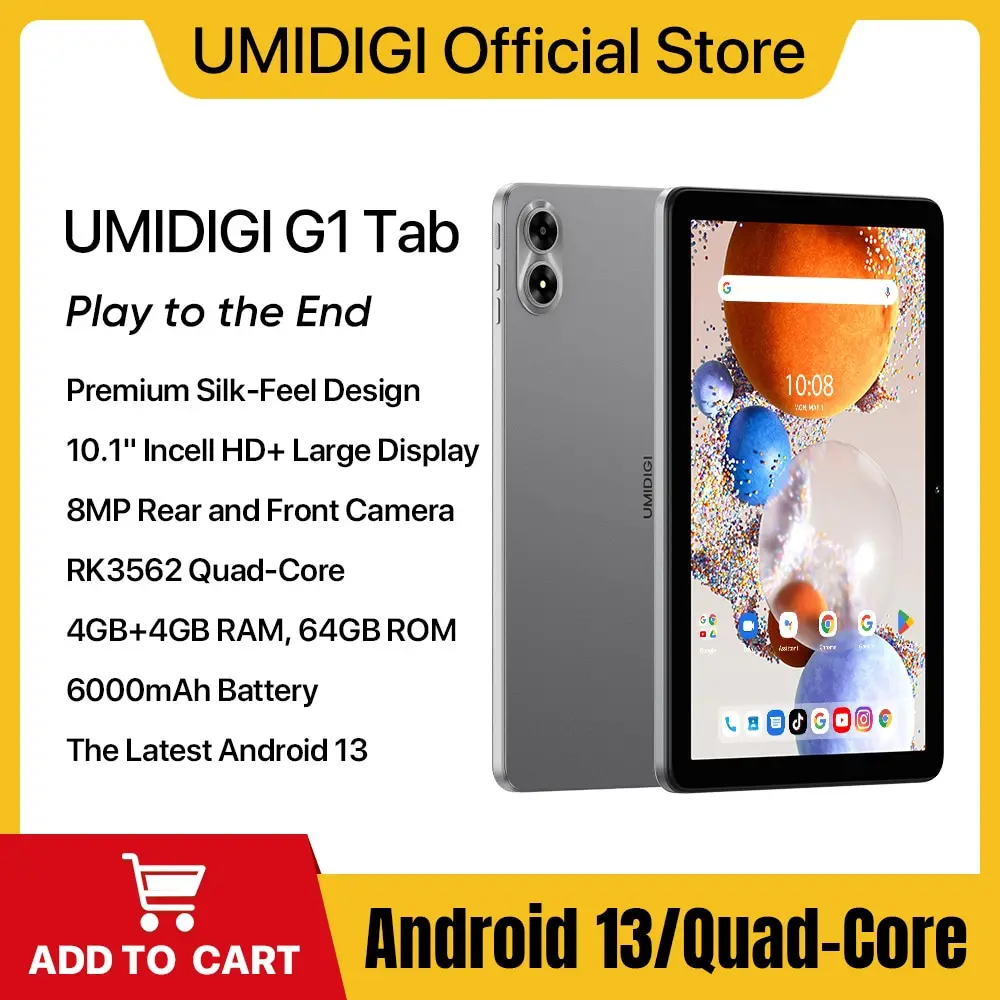 

UMIDIGI NEW Tab G1 Tab Android 13 умный планшет, экран 10,1 дюйма, 4 Гб 64 ГБ, четырёхъядерный