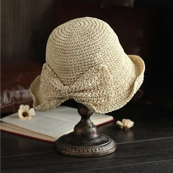 New Female Straw Hat Bowknot Crochet Summer Basin Hat Foldable Beach Sun Hat Wide Brim Kids Princess foldable beach Hats 2