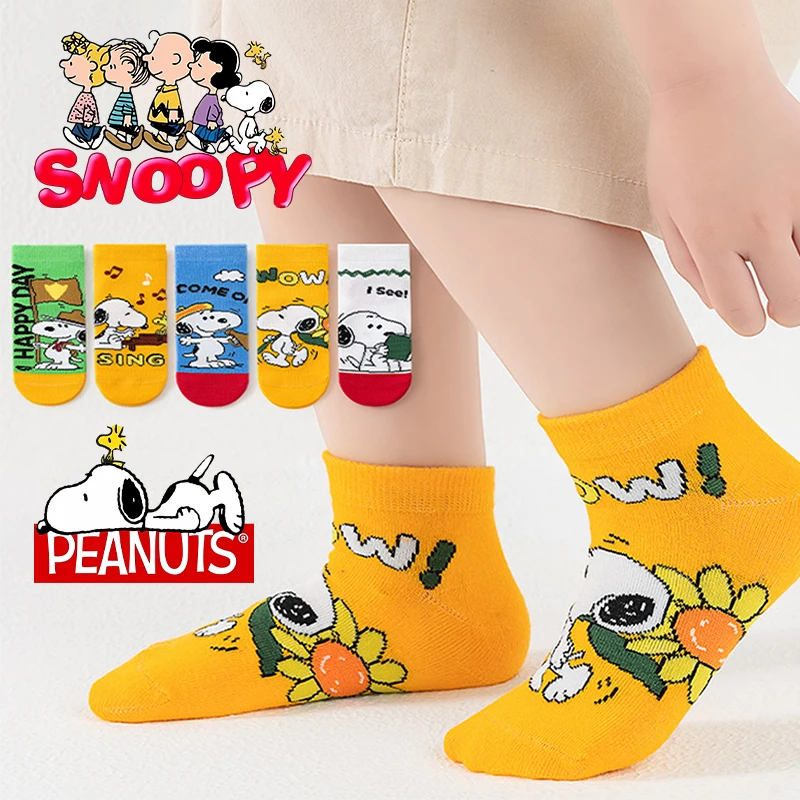 

5Pcs Snoopys Child Sock Anime Cartoon Print Summer Versatile Cotton Vogue Kids Toddler Kawaii Mid Tube Socks Cute Birthday Gifts