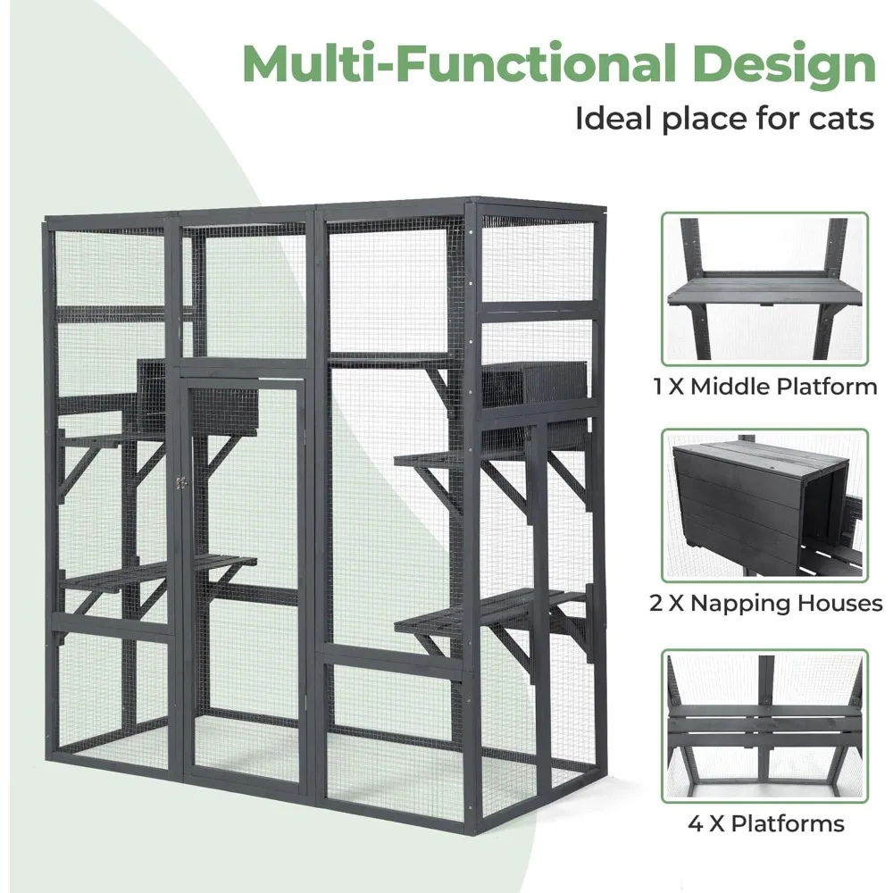 Cat House, Large Wooden Catio Outdoor Cat Enclosure Cage & Run Enclosures Indoor Kitty Window Catio with Waterproof Roof
