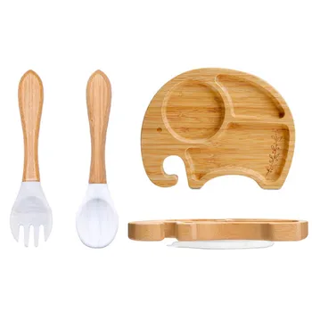 3Pcs Baby Bamboo Plate Set with Silicone Suction – Non-Slip Wooden Feeding Tableware 1