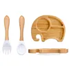 3Pcs Baby Bamboo Plate Silicone Suction Kids Wooden Feeding Tableware Non-slip Dinnerware Baby Tableware for Baby Birthday Gift 1