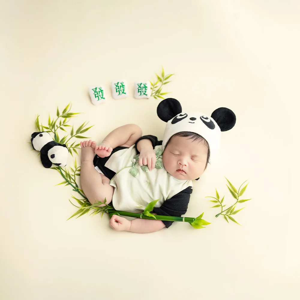 Newborn Bear Outfit for Photography Lovely Panda Theme Baby Clothes Hat With Ears Doll Bamboo Full Month Infant Photoshoot Props