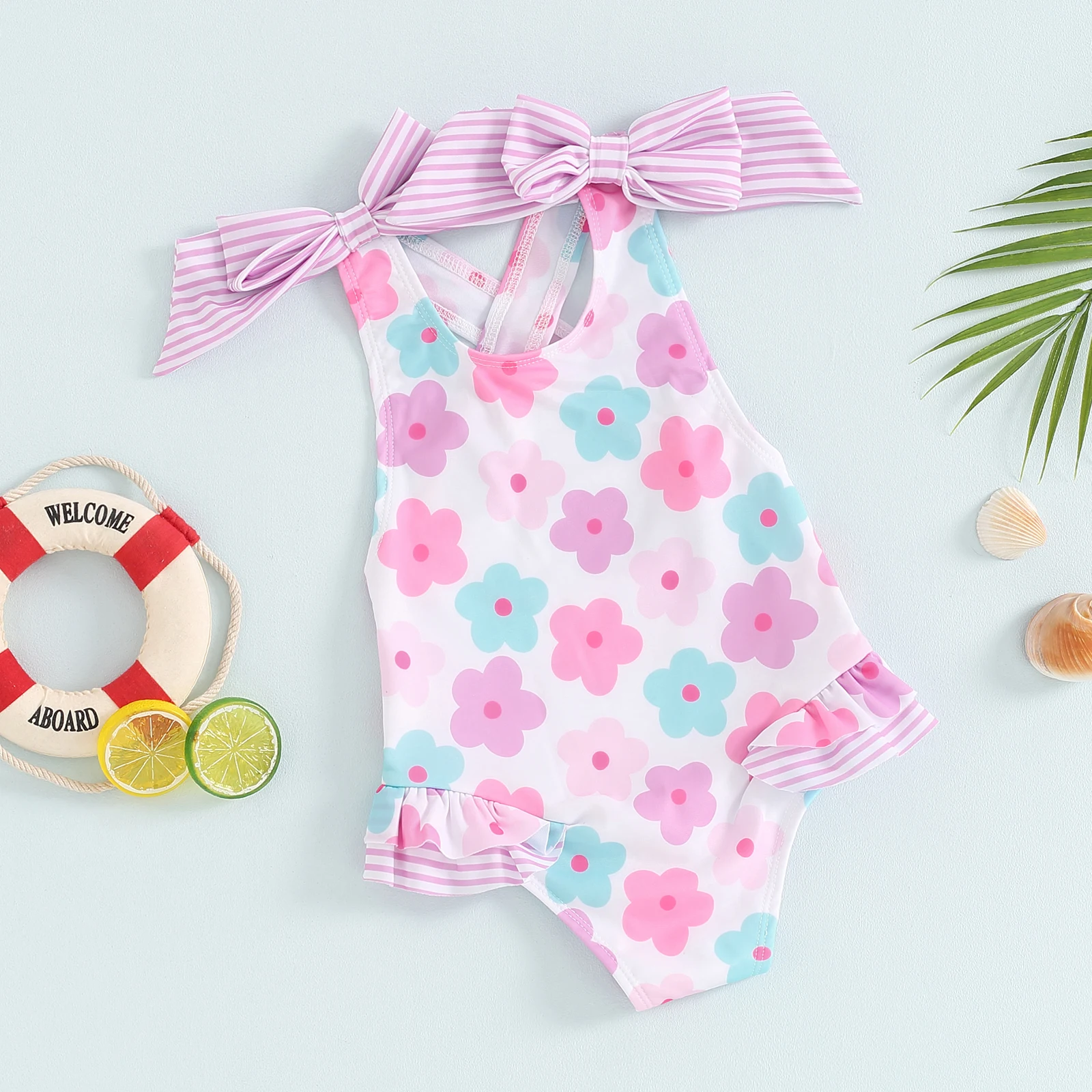 FOCUSNORM 1-6Y Little Kids Girls Summer Bathing Suit Flower Print Frill Trim Round Neck Sleeveless Swimsuit with 3D Bow 4