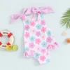 FOCUSNORM 1-6Y Little Kids Girls Summer Bathing Suit Flower Print Frill Trim Round Neck Sleeveless Swimsuit with 3D Bow 4