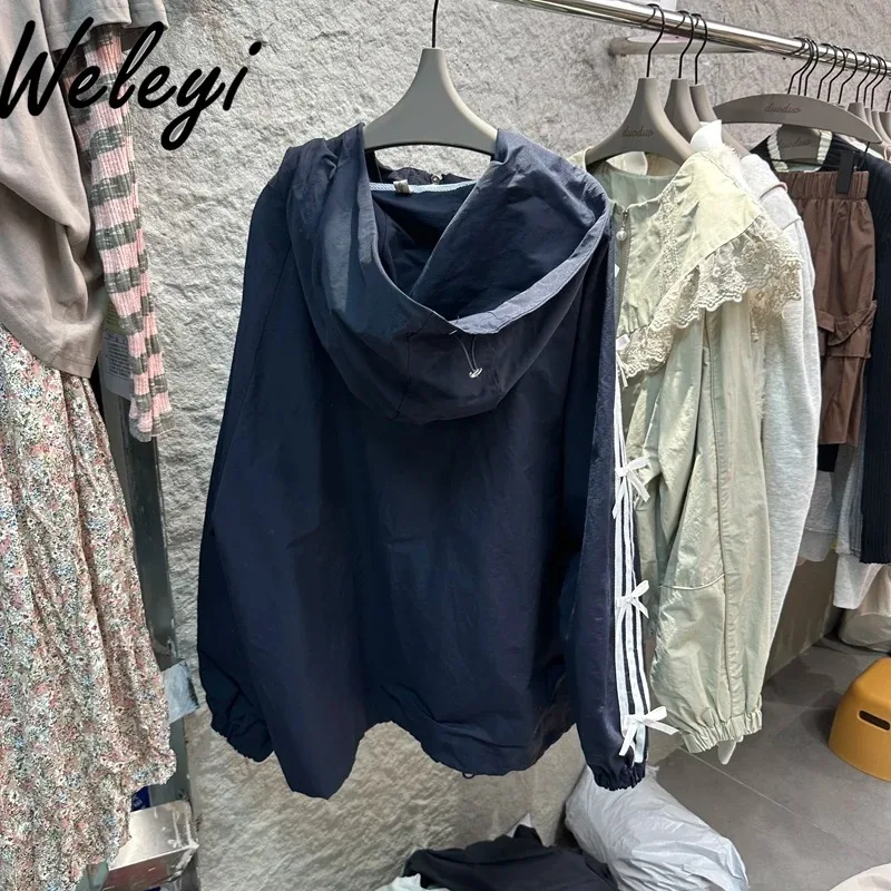 Women's Japanese Trench Coat 2024 Spring Sweet Cute Academy Style Hooded Collar Letter Three Bar Edge All Match Zipper Cardigan