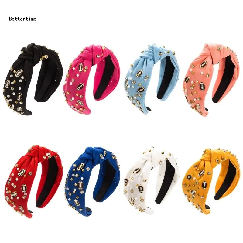 

B36D Football Headband Rhinestones Knot Wide Hairband for Football Fan Hair Accessory