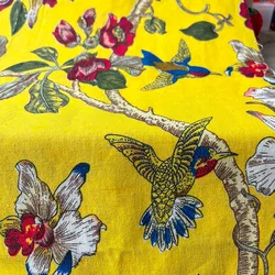Elegant Floral and Bird Patterned Linen - Cotton Fabric for DIY Projects and Home Decor (YELLOW)