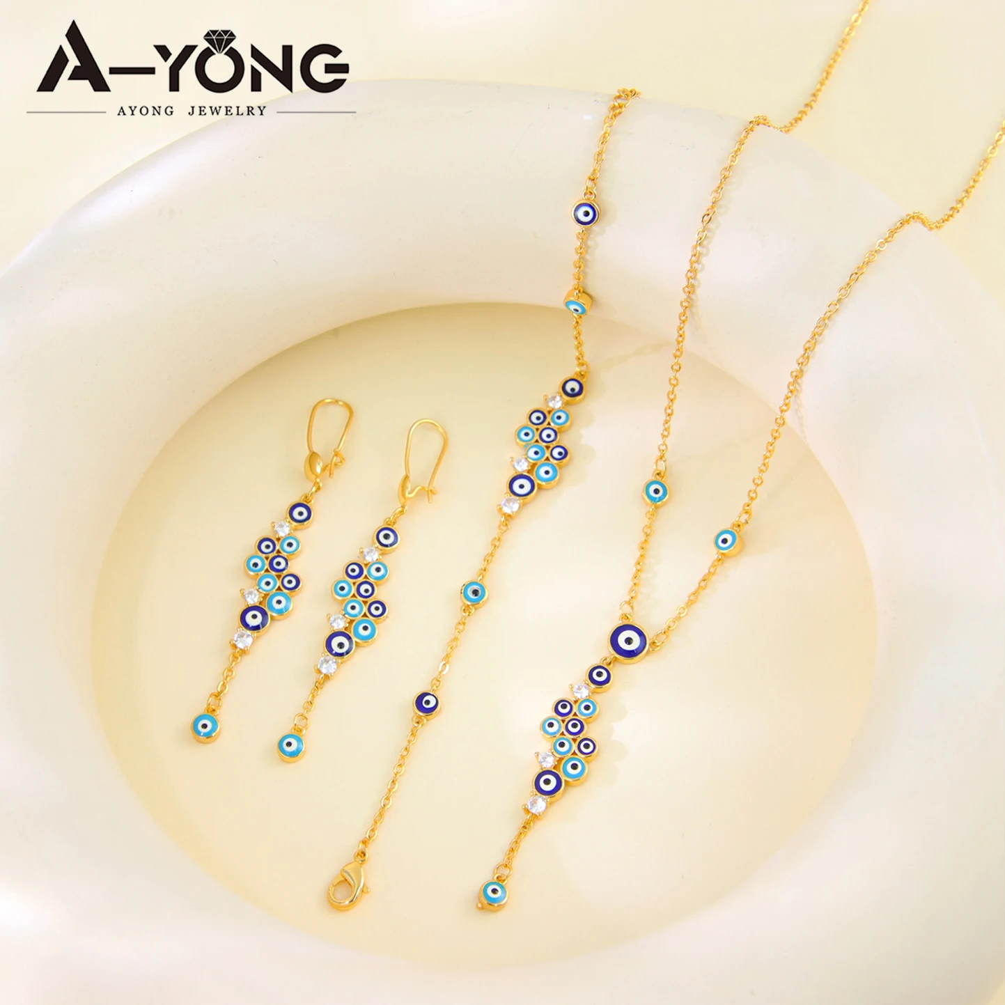 Arabisches Mode-Schmuckset mit Augen-Motiv, 21k vergoldet, Äthiopisches Elegantes Halsketten-Armband-Ohrringe-Set, Marokkanischer Damenschmuck für Partys – Detail 4