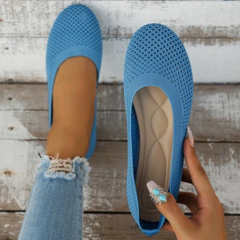 Women Round Toe Flat Shoes Solid Color Knitted Slip on Shoes Casual Breathable Ballet Flats Women Mesh Flat Shoes Loafers Woman 1