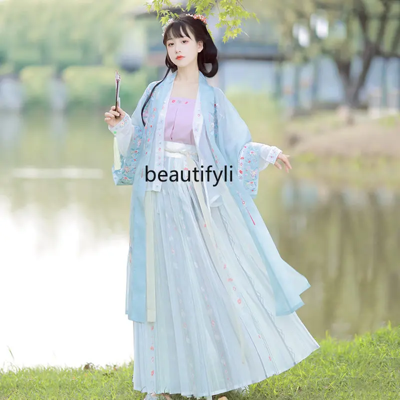 

Yj Hanfu летнее тонкое супер сказочное платье с вышивкой и длинными рукавами, Элегантная куртка и платье, костюм в античном стиле