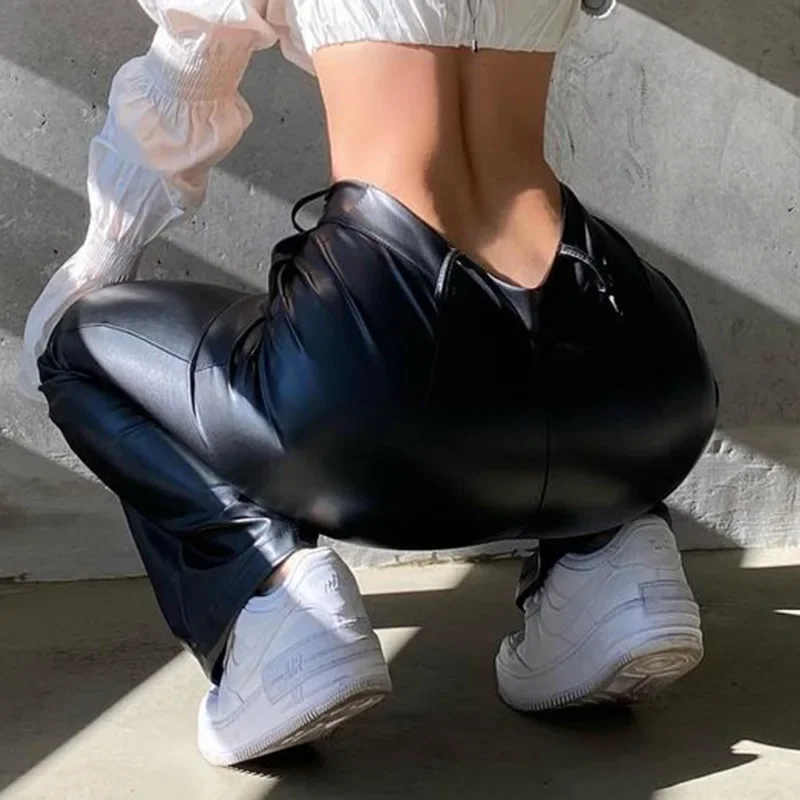 Women High Waist Skinny Trousers Elegant Black Faux Leather Pants Ladies Casual Fashion Pant Capris Autumn Vintage Streetwear