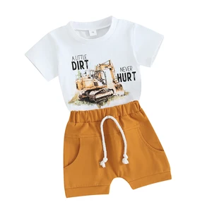 Toddler Baby Boys Excavator Outfits A Little Dirt Never Hurt Truck Print T Shirt Shorts Summer Clothes Sets