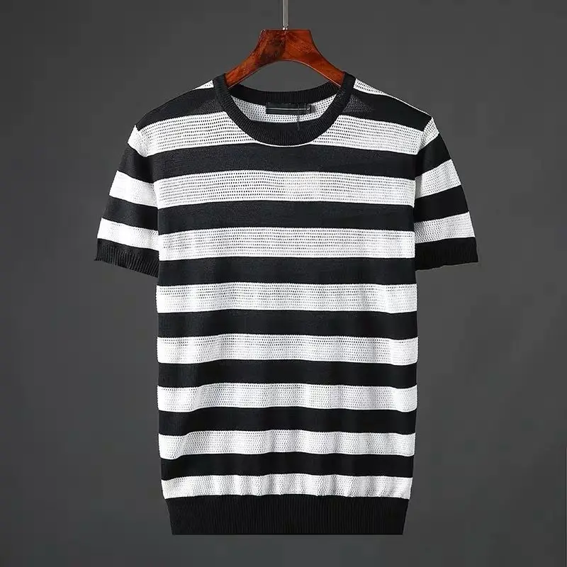 

2022 New Summer Men T-shirt Knitted Fashion Striped Top Sweater Men's Korea Style Pullover T Shirt Slim Knitted Tees D222
