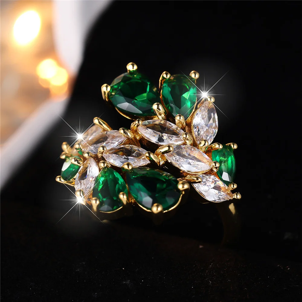 Luxury Female White Green Zircon Stone Water Drop Finger Ring Vintage Gold Color Wedding Band Bridal Jewelry For Women