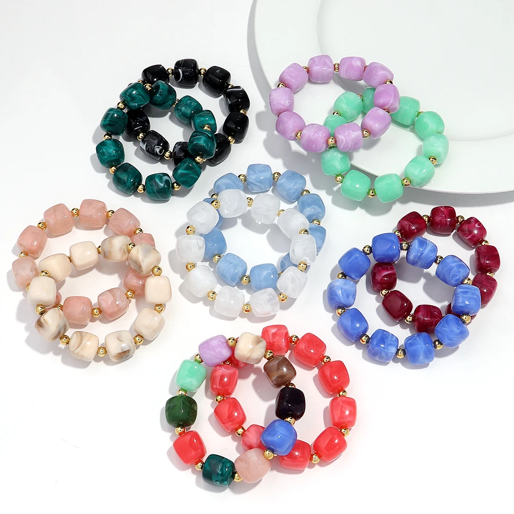 Exaggerated Geometric Beaded Acrylic Elastic Bracelets for Women Men Boho Trendy Square Beads Stack Bangle Retro Jewelry Gift