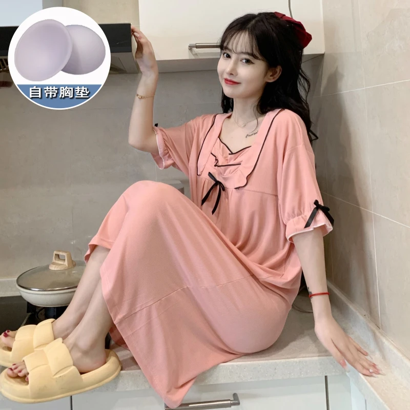 Summer Plus Size Nightdress Women Knit Cotton Short Sleeves With Chest Pad M-5XL Princess Style Plus Size Nightdress Homewear