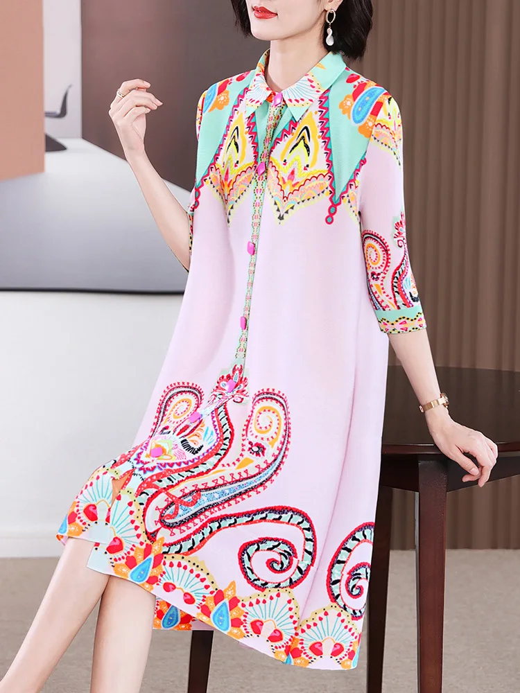 

Temperament Light Luxury Holiday Foreign Style Mother Summer New Printed Dress Pleated Large Size Women's Shirt Dress