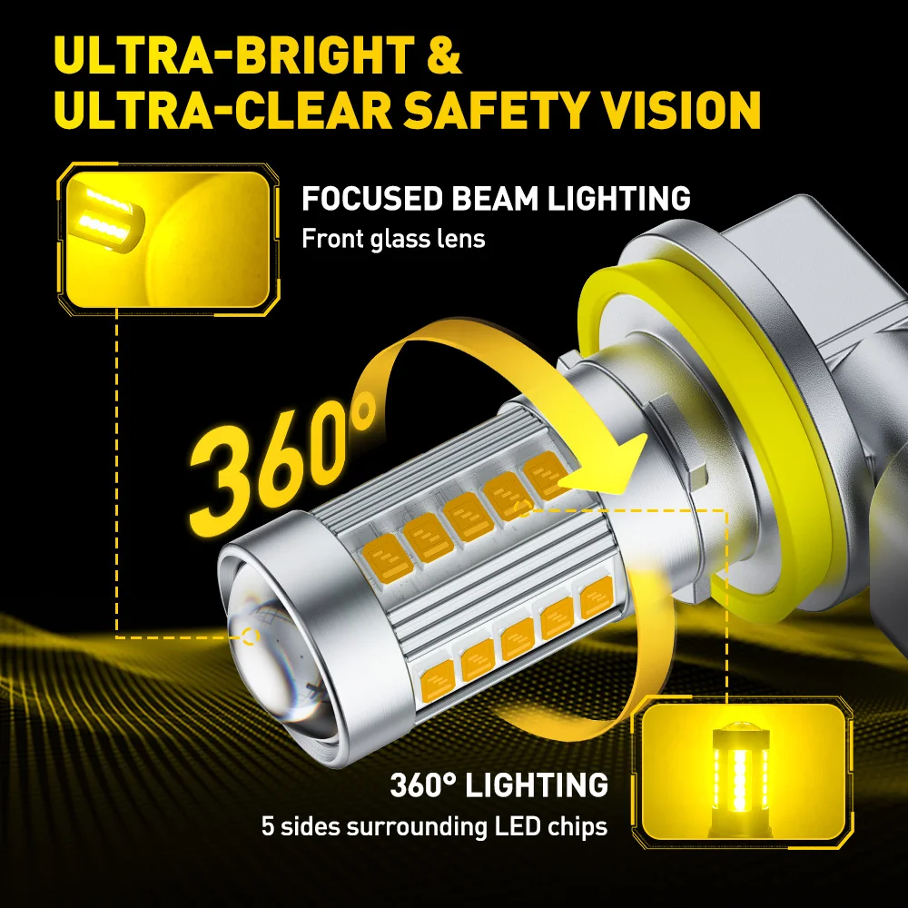 AUXITO 6G27 안개등 H8 H9 H11 H16JP 9006 HB4 LED Canbus 3000k 노란색 12V 안개 램프 렌즈 360 미니 프로젝터 자동차 전구 키트