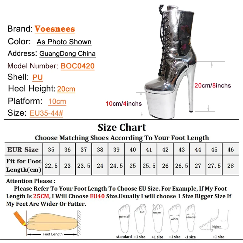 Silvery Shoes for Women INS Style 20CM/8inch Extreme High Heels Platform Boots Lace Up Sexy Pole Dancing Ankle Boots Big Size 44