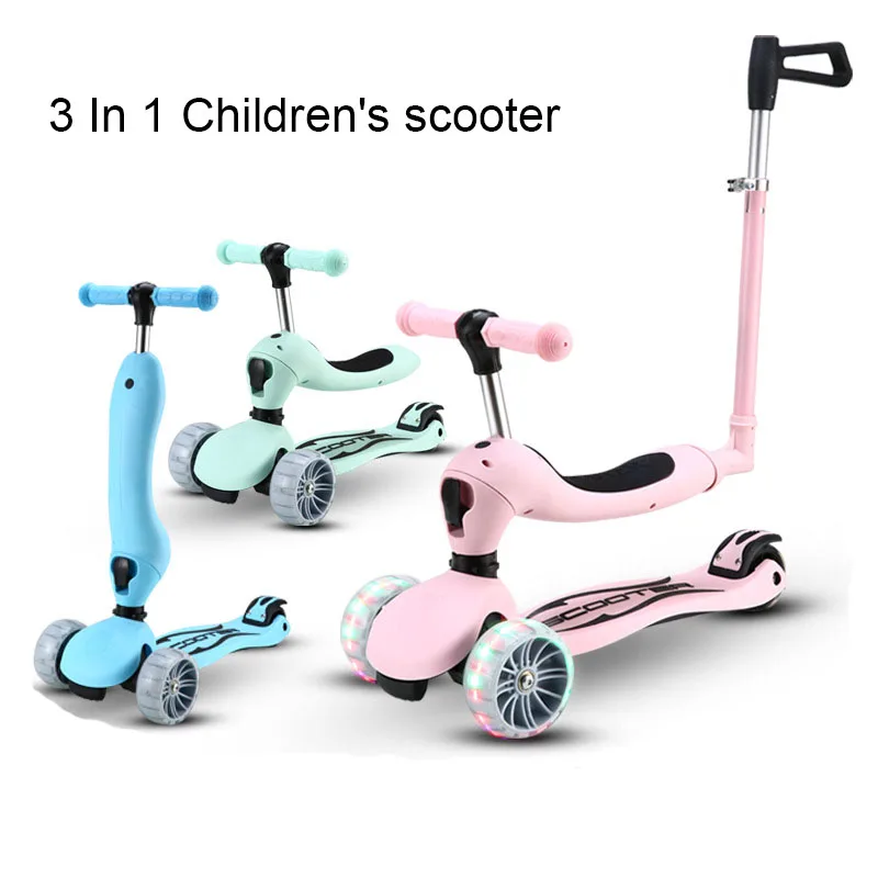 Children Scooter 3 In 1 Children's scooter Scooter with Flash Wheels Kick Scooter for 2-12 Year Kids Adjustable Height Foldable Children