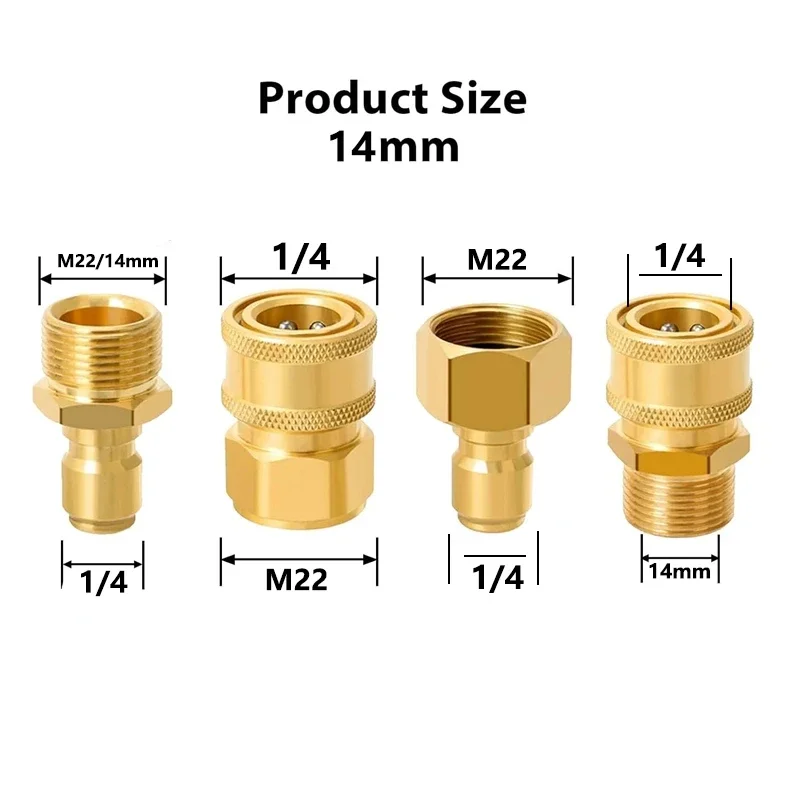 Brass M22-14mm/15mm to 1/4 Inch Pressure Washer Adapter Set Quick connection Disconnect for Power Washer Hose Pump 5000 PSI