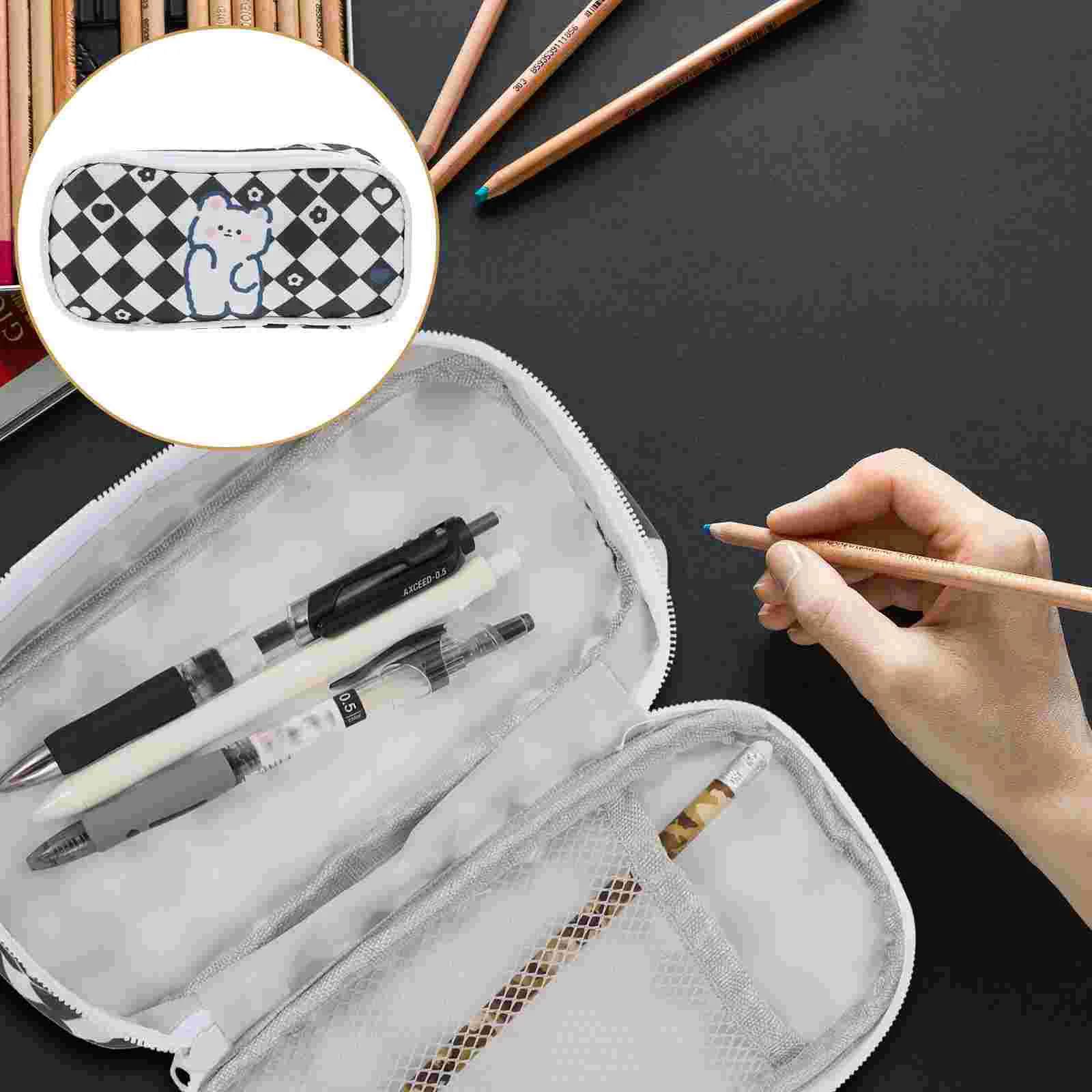 

Checkerboard Pencil Case Kids Multi-function Bag Portable Cartoon Convenient Cute Storage