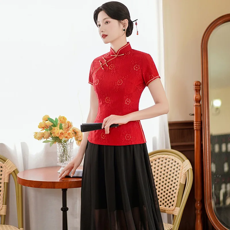 Tang Clothes Chinese Style Women Top Sexy Lace Qipao Summer Vintage Mandarin Collar Hanfu Shirt