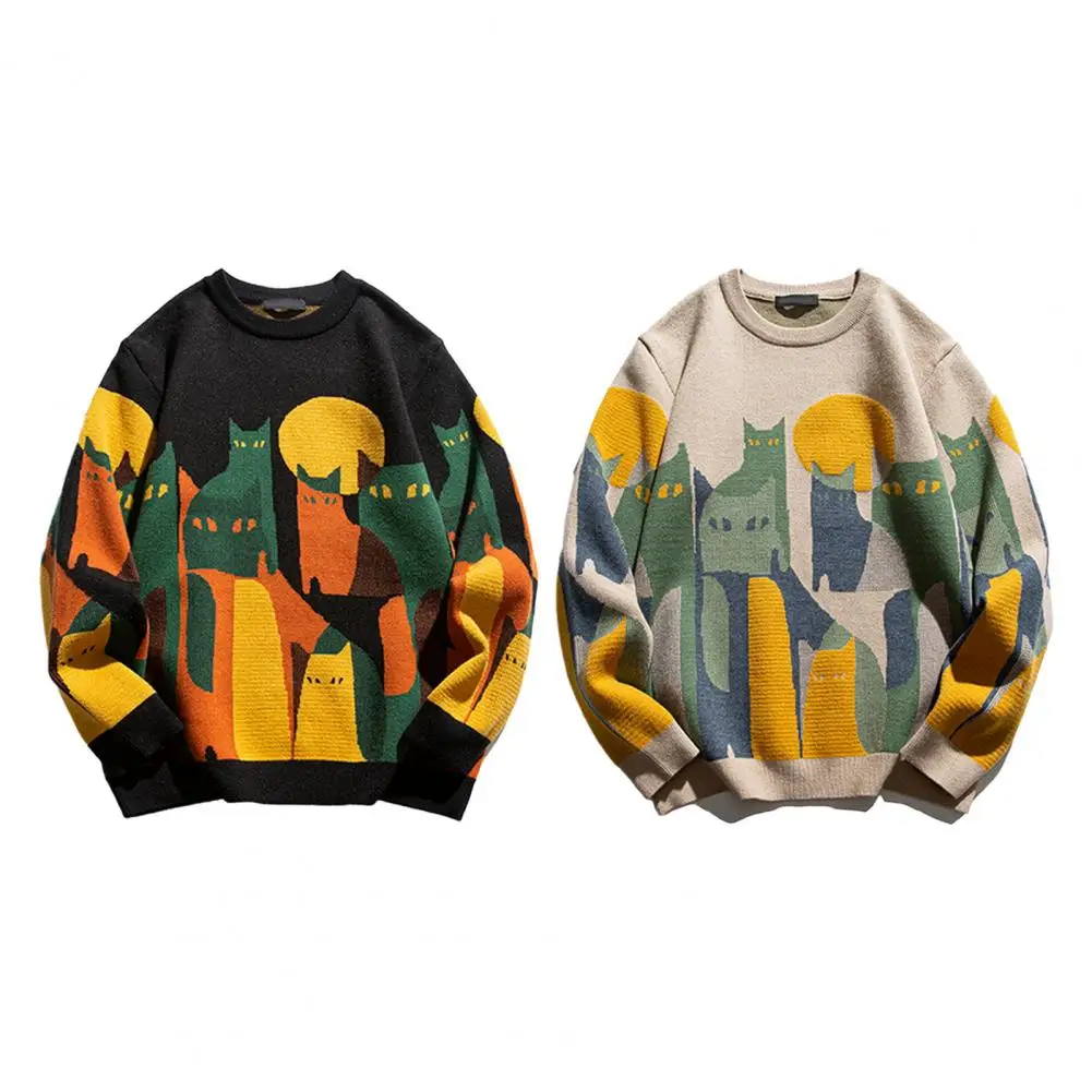 Description Picture 3 of itemMen Sweater Round Neck Men Sweater Cozy Cat Print Sweater for Men Thick Knitted Warm Pullover with Round Neck Unisex for Winter