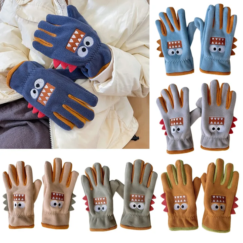 8-12T Kids Boys Girls Cute Cartoon Winter Warm Gloves Polar Fleece Thicken Full Finger Mittens Outdoor