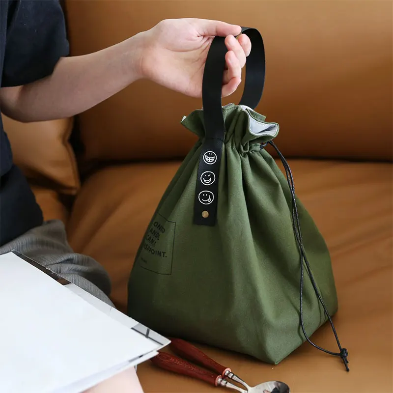 드로스트링 웨빙 단열 도시락 가방, 일본 산업 스타일 캔버스 피크닉 도시락 가방, 1PC