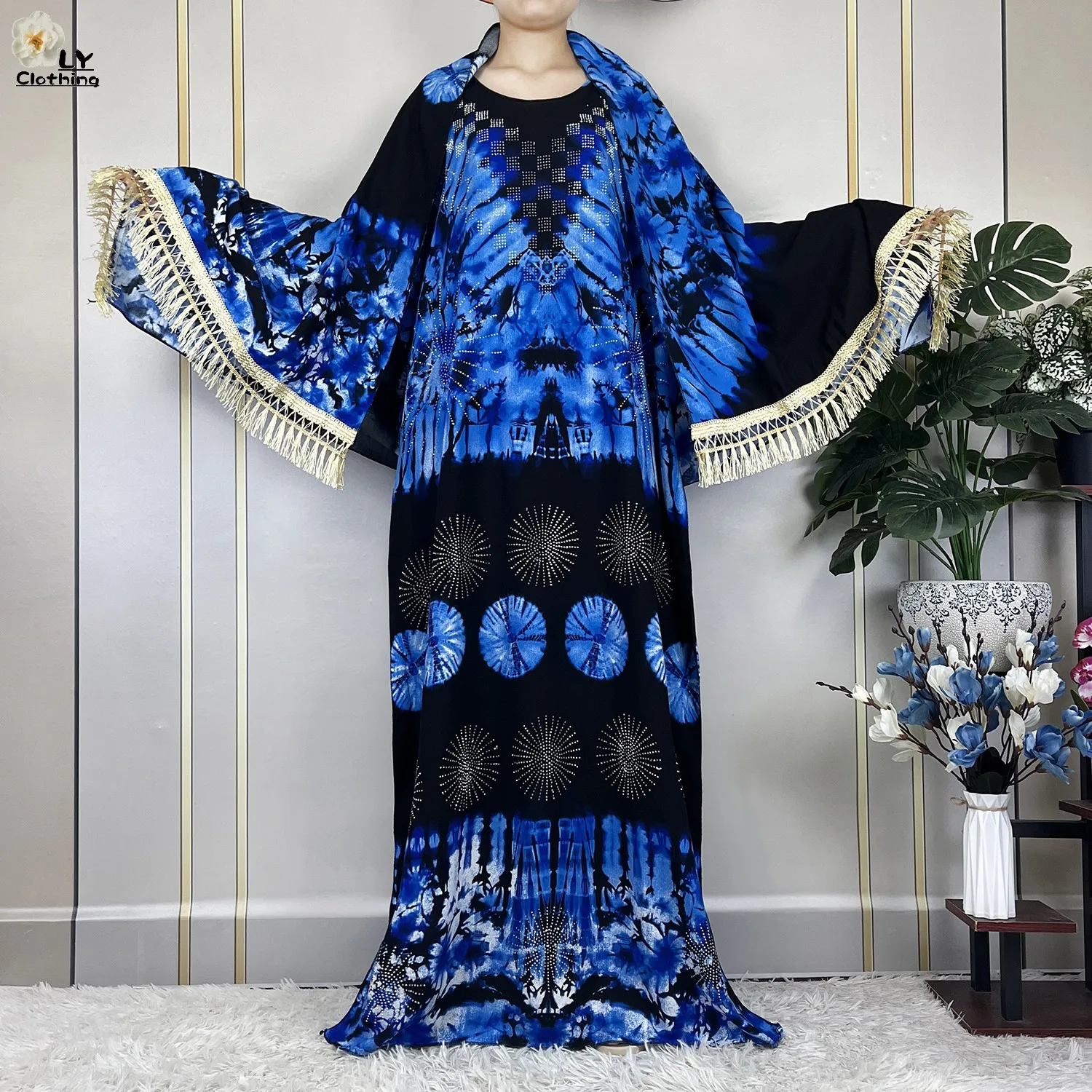 2023 New African Abaya Lady Short Sleeve Dress With Big Lace Scarf Cotton Printing Tie-dyed Maxi Islam Women Summer Loose Robe 6