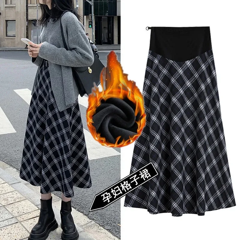 

2023 Spring and Autumn New Pregnant Women's Plaid Trendy Mom Casual Thickened Waist Half Skirt Maternal Wear Long Skirt Outside