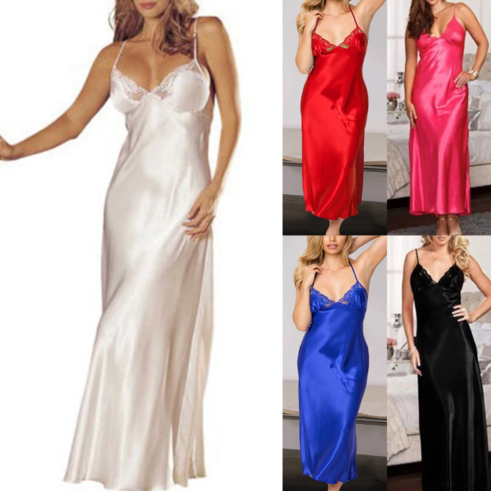 Women Ladies Sexy Satin Soft Nightdress Plus Size Lingerie Sleepwear Dress Long Robe Gown Nightwear V-Neck women lingerie women lingerie set women nightgowns women nightdresses sleeping dress