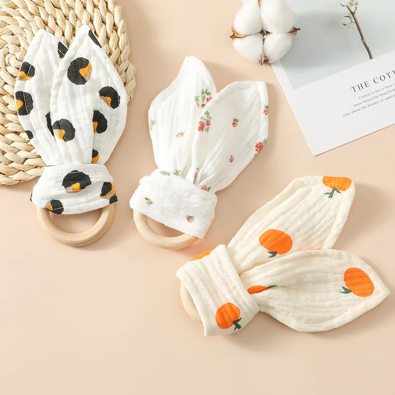 Newborn Appease Towel Animal Ears Bite Cotton Snap Ring Appeasing Toy Pacifying Towel Infant Saliva Towel for Dining Sleeping