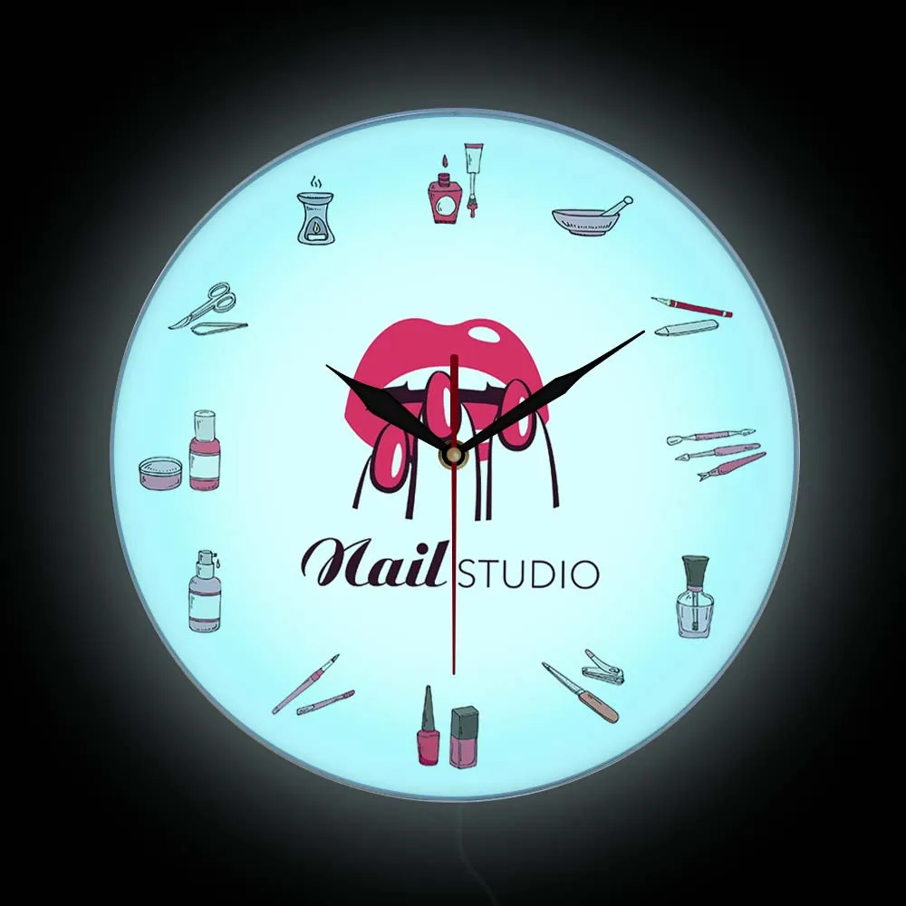 

Nail Polish Modern Design Luminous Wall Clock For Girl Room Beauty Salon Nail Studio LED Wall Watch With Light Manicurist Gift
